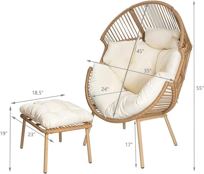 2-Pieces Stationary Cuddle Cocoon Wicker Egg Chair with Ottoman