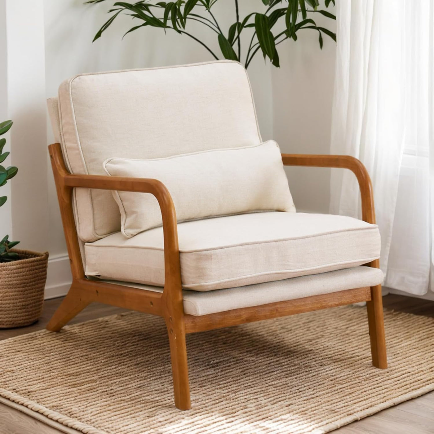 Accent Chair Mid-Century Modern Chair with Pillow Upholstered Lounge Arm Chair with Solid Wood Frame & Soft Cushion for Living Room