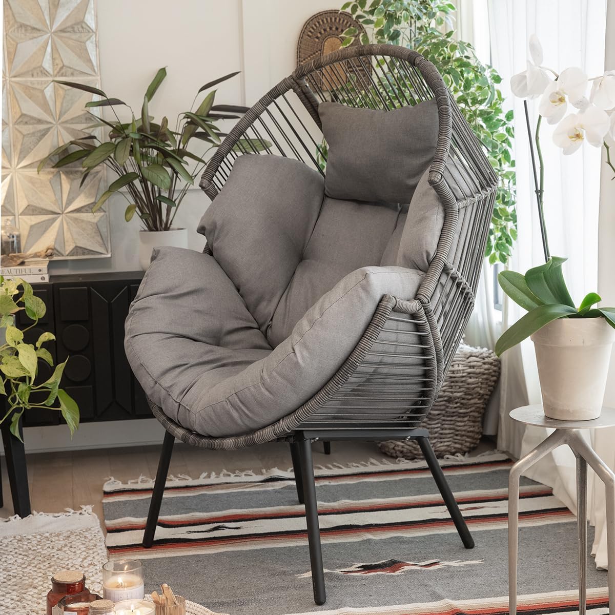 2-Pieces Stationary Cuddle Cocoon Wicker Egg Chair with Ottoman