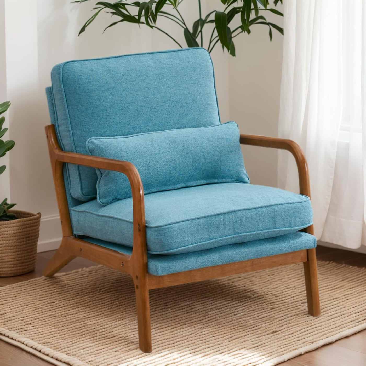 Accent Chair Mid-Century Modern Chair with Pillow Upholstered Lounge Arm Chair with Solid Wood Frame & Soft Cushion for Living Room