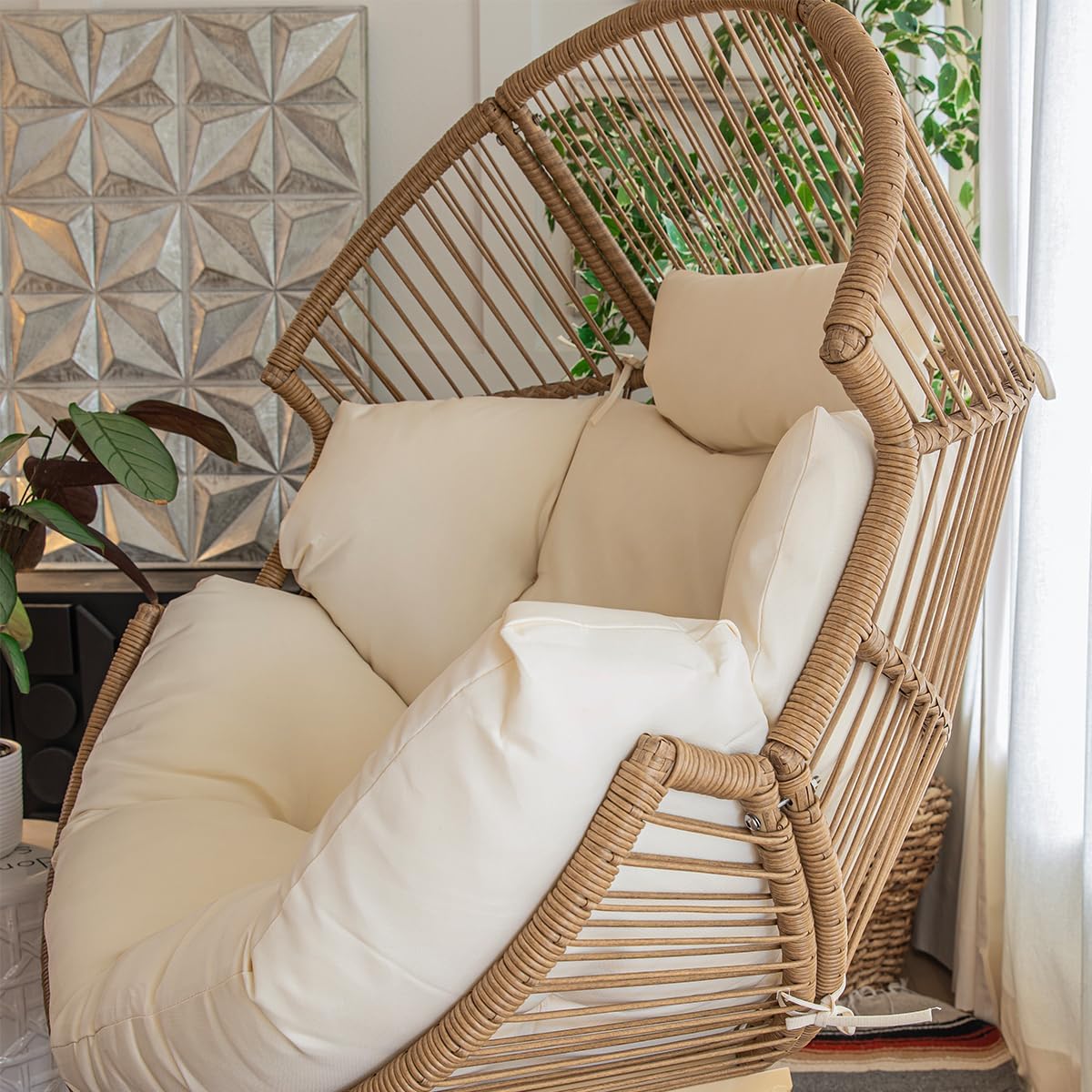 2-Pieces Stationary Cuddle Cocoon Wicker Egg Chair with Ottoman