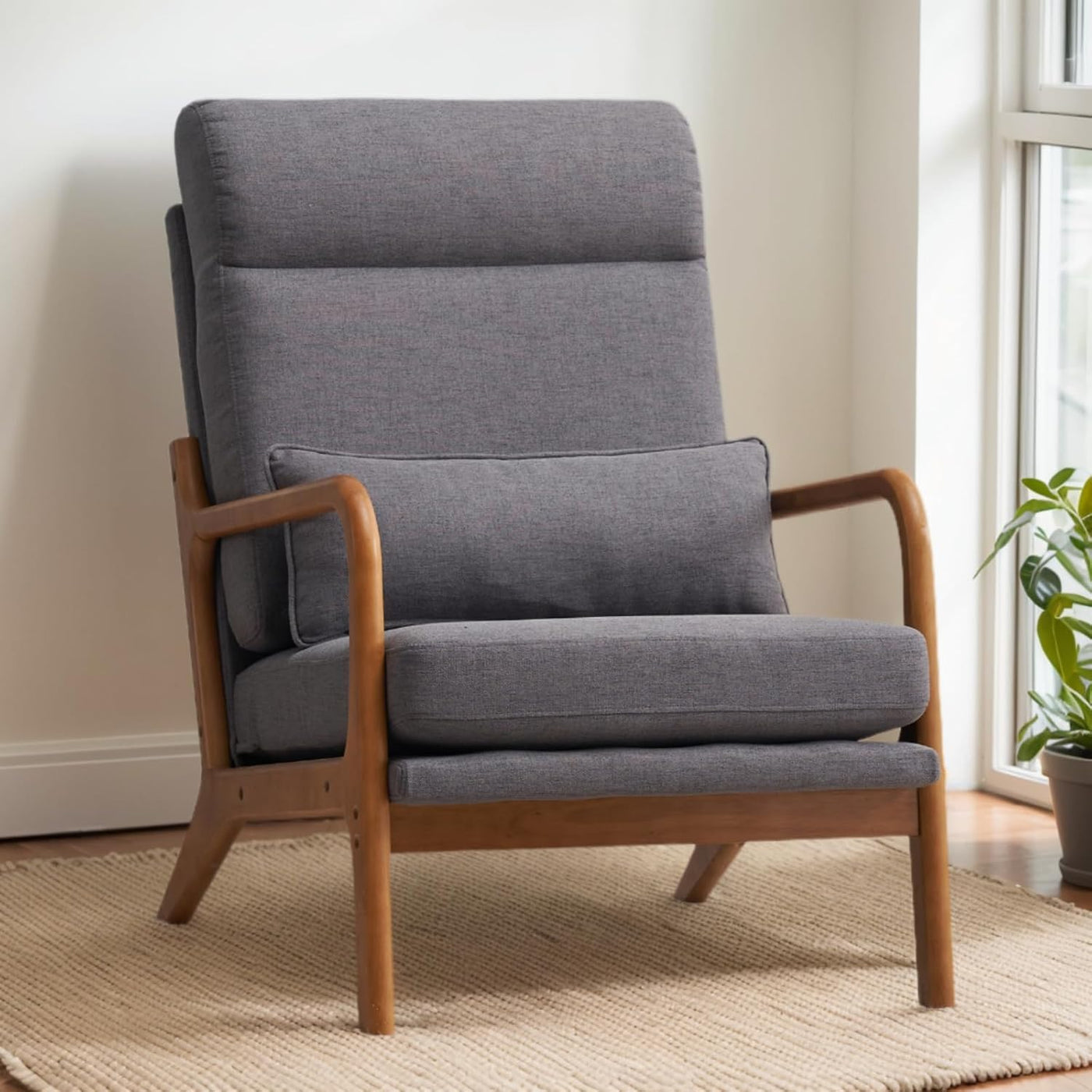 Accent Chair Mid-Century Modern Chair with Pillow Upholstered Lounge Arm Chair with Solid Wood Frame & Soft Cushion for Living Room