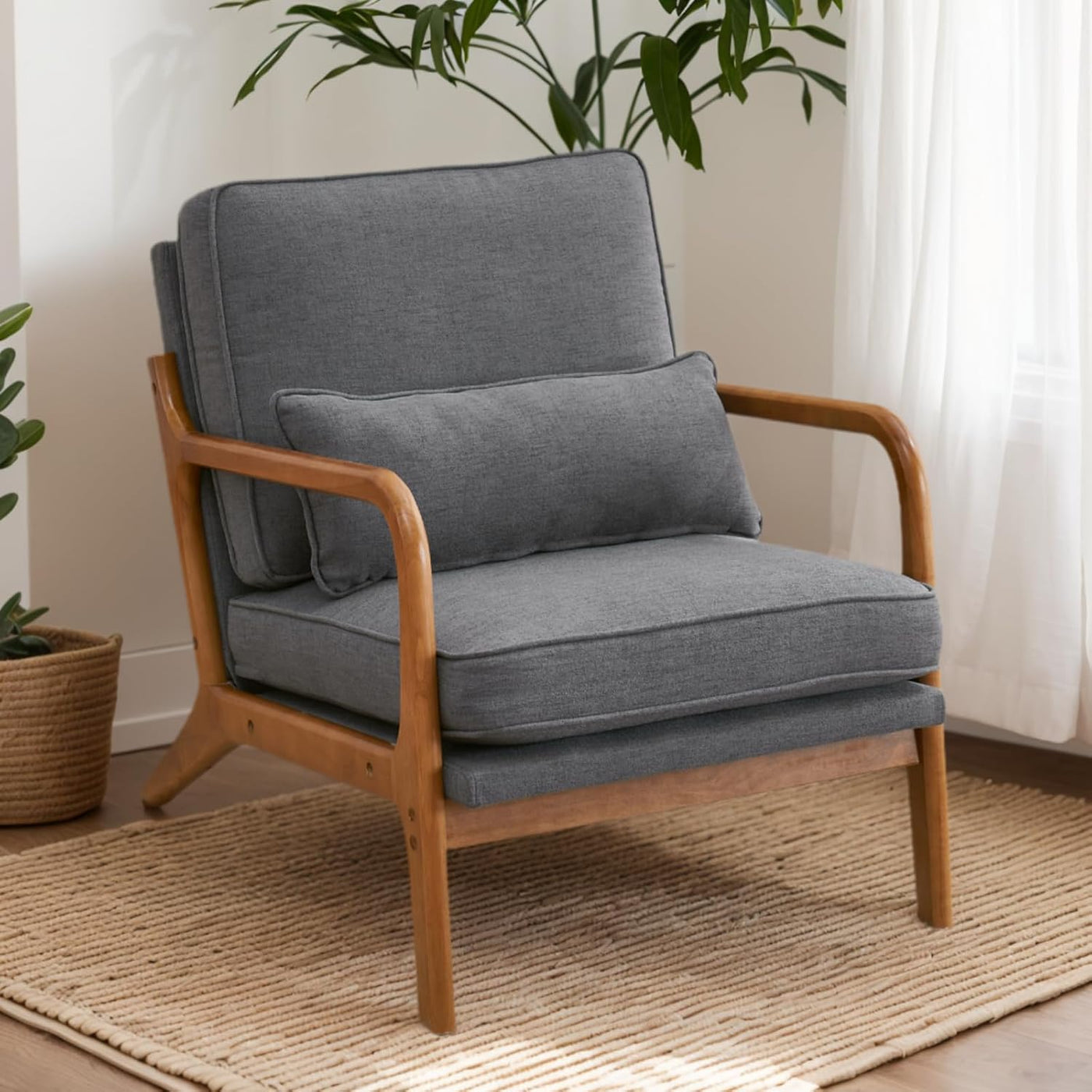 Accent Chair Mid-Century Modern Chair with Pillow Upholstered Lounge Arm Chair with Solid Wood Frame & Soft Cushion for Living Room